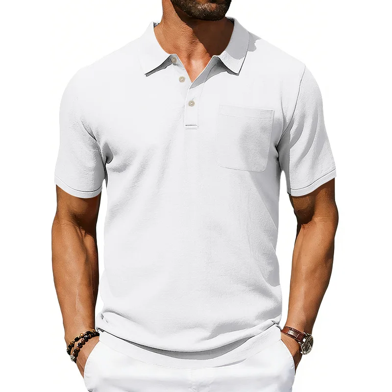 Men's Lapel Polo Shirt, Linen Summer Casual Short-Sleeved Pocket T-Shirt, Cross-Border European and American Loose Top