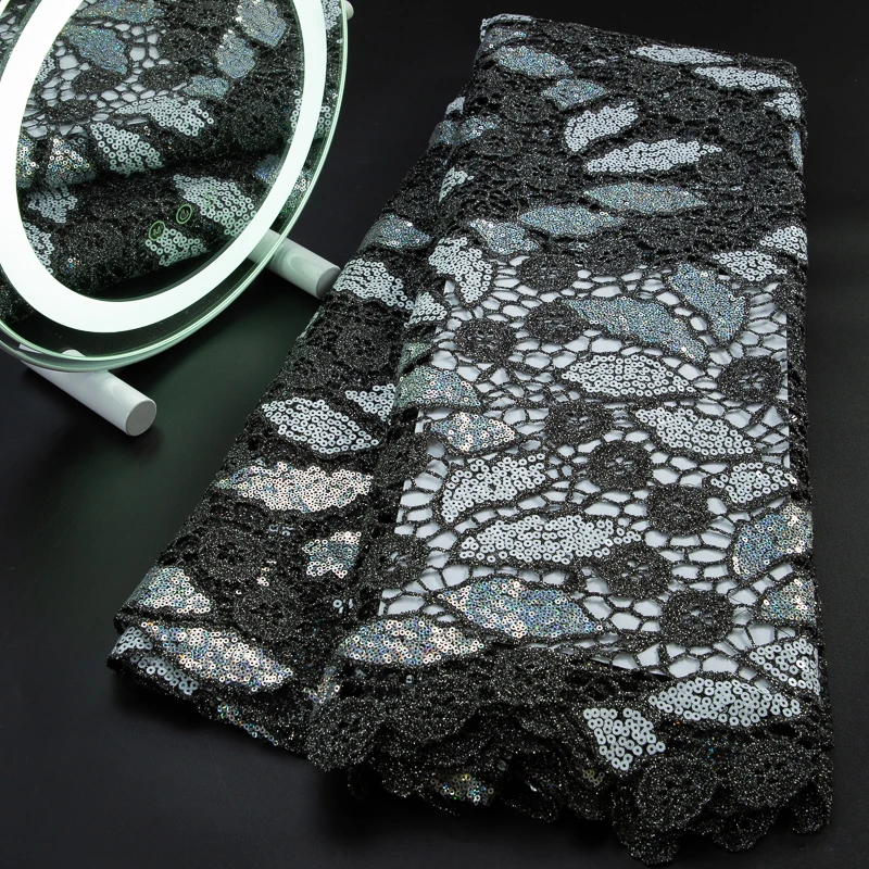 

Luxury Nigerian Guipure Lace Fabric African Swiss Embroidery Lace With Sequins 5 Yards For Elegant Women Party Dresses A3319