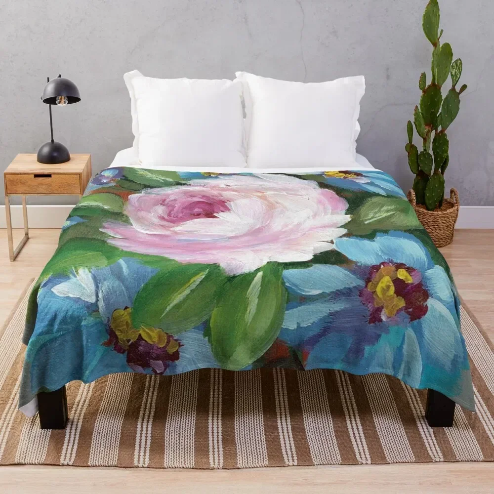 

Single Pink Rose Surrounded by Blue Flowers Throw Blanket Stylish Couch Blanket for Home Living Room