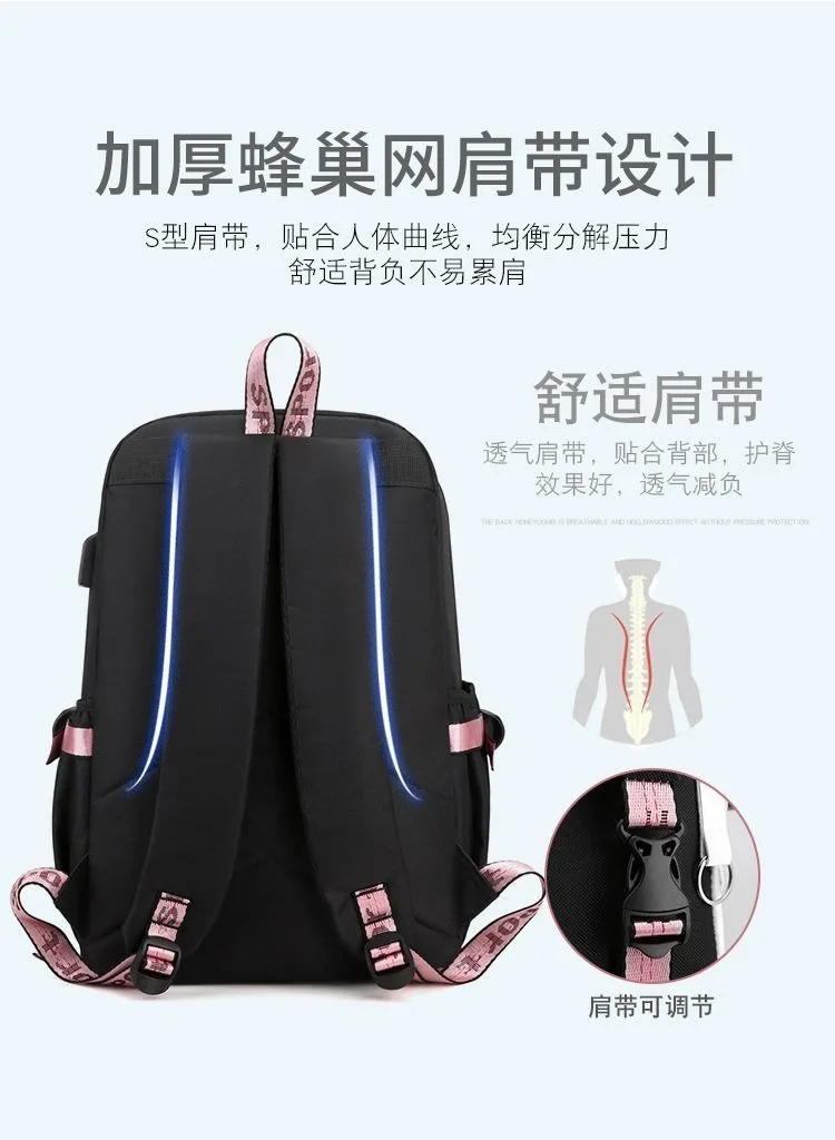 Malla transpirable, con USB, jack de 3,5 mm, negro, azul, rosa, blanco, amarillo, Marshmello, mochilas escolares para niños y adolescentes, mochilas de anime para niñas y niños