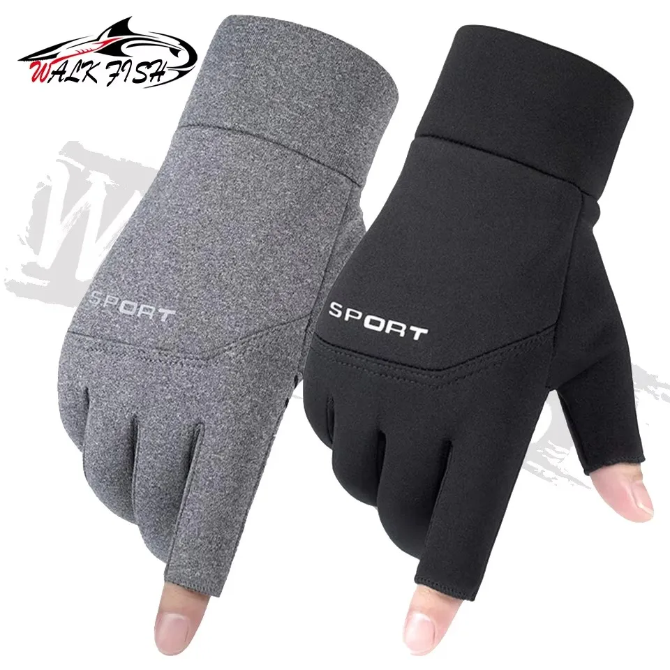 WALK FISH Fishing Gloves Two Fingers Exposed Fleece Keep Warm Anti-Slip Takeout Express Delivery Cycling Screen Wind Protection