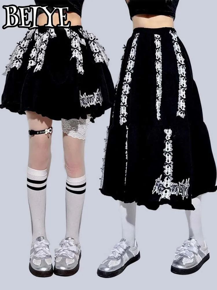 

Y2k Skirts Foldable Waist Slimming Long Adjustable Strap Lace Cake Skirt Black Short Skirt for Girls