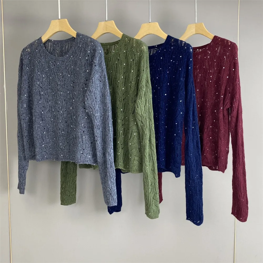 Autumn Winter Women's Sequined Pullover Sweater O-Neck Hollow  Long Sleeve Bottoming Shirt Woman