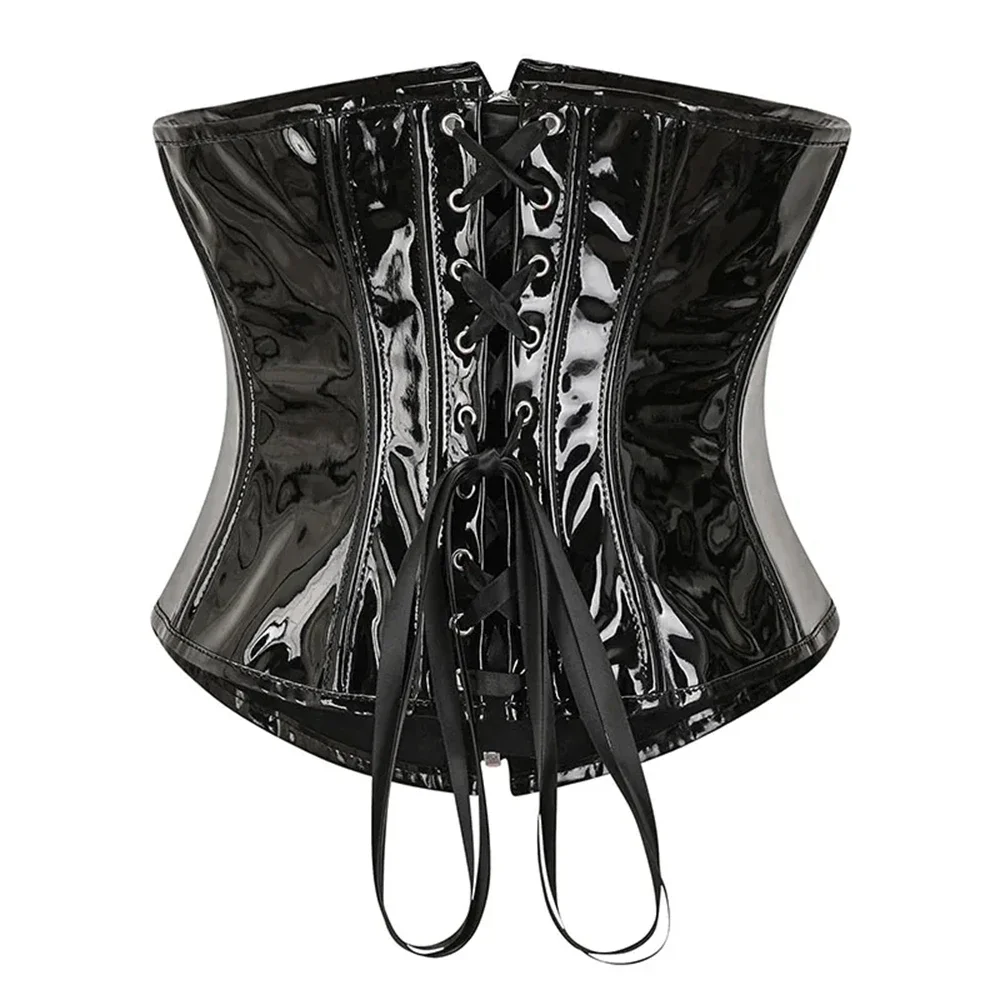 Shiny PVC Steampunk Corset Top Women PU Leather Underbust Waist Cincher Gothic Black Red Bustiers Corselet