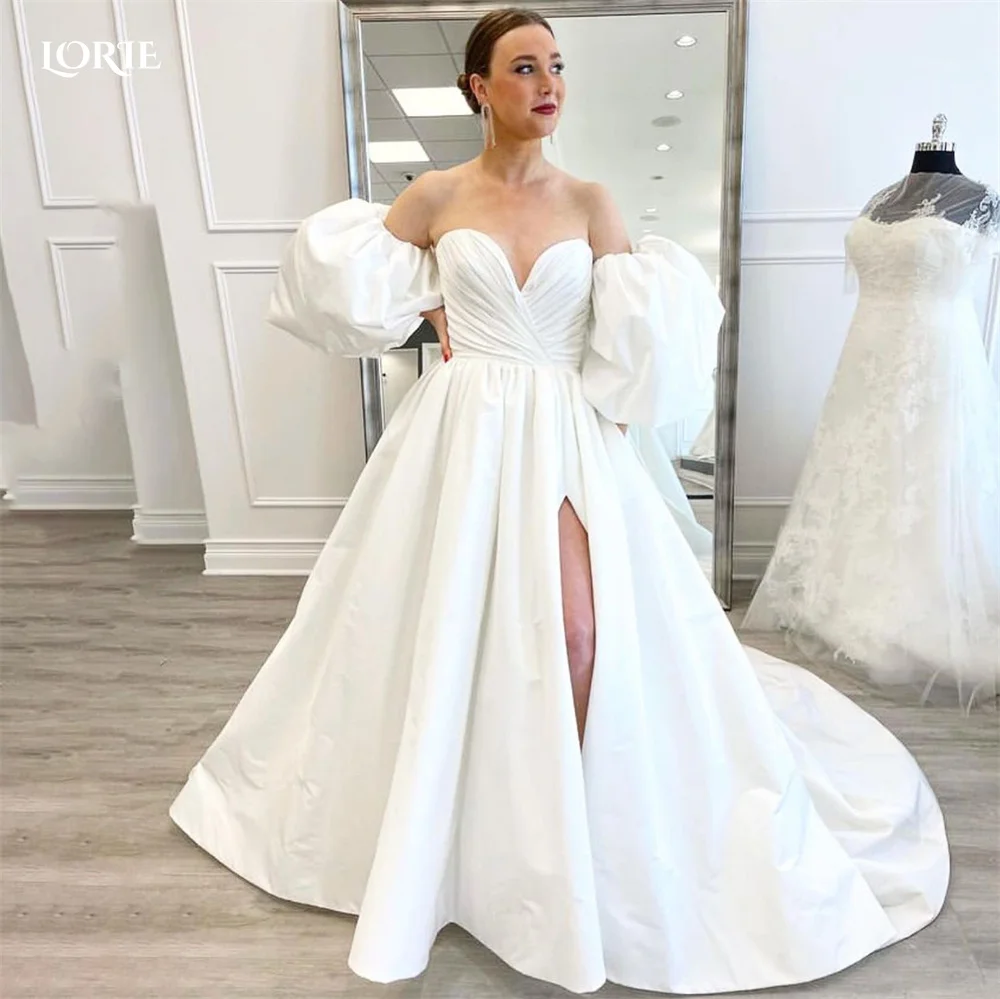 

LORIE Solid White Wedding Dresses Puff Sleeves Off Shoulder Pleats A-Line Bridal Gowns Side Slit Boho 2022 Princess Bride Dress