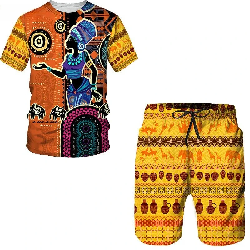 2025 Summer 3D Printed African Folk Pattern Men's T-shirt and Shorts Set 2-piece Set Hip Hop Style Short Sleeve Round Neck