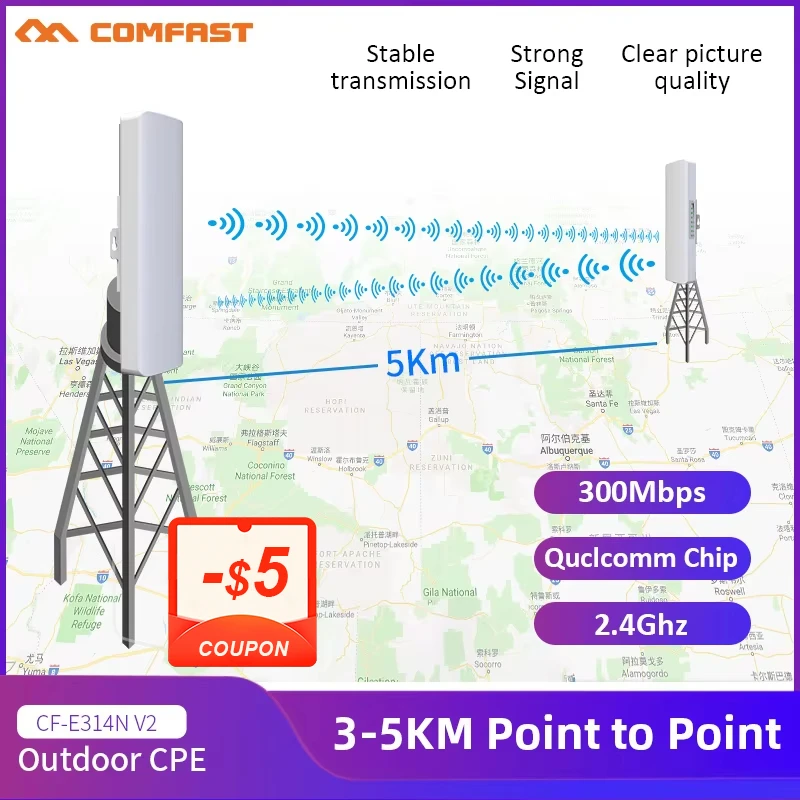 Comfast 3-5KM Long Distance Outdoor Wireless Bridge 2.4GHz 300Mbps WiFi CPE 500mW Router AP Amplifier WDS For Outdoor Monitoring