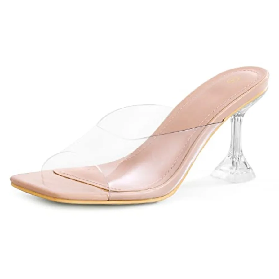 

Women's Clear Heeled Sandals Square Toe Transparent Stiletto Mules Open Toe Slip on Dress Shoes