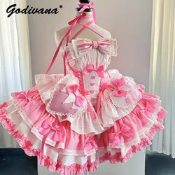 Original Design Women Girls Sweet Lolita Dress Pink Bow Love Button Plaid Slim Tube Top Party Birthiday Cake Dresses