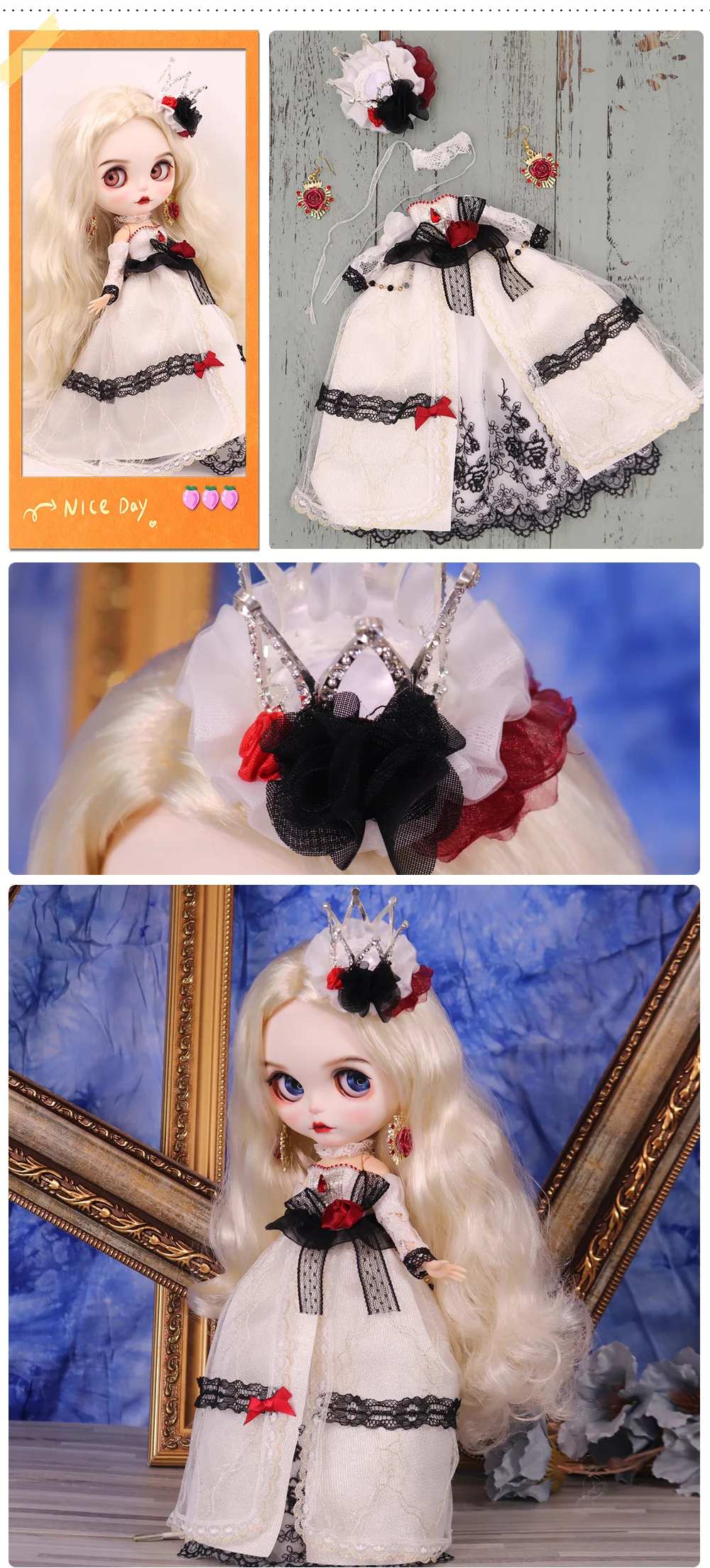 Outfits For ICY DBS Blyth Doll Rose Queen White Wedding Dress Suit 1/6 BJD Azone S OB24