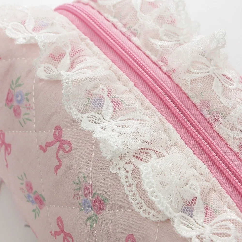 Portable Ruffled Edge Quilted Makeup Bag Floral Print Large Capacity Cosmetic Storage Bag Bowknot Travel Wash Bag