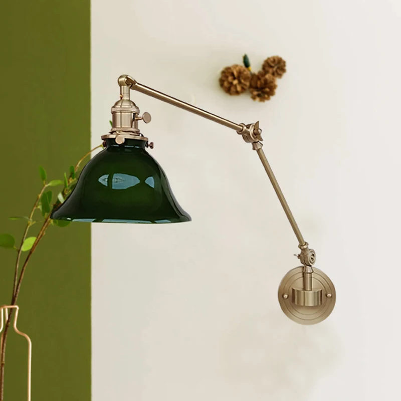 

Left And Right Rotate Copper Wall Lamp Beisde Swing Long Arm Green White Lampshade Nordic Modern Wandlamp Lighting