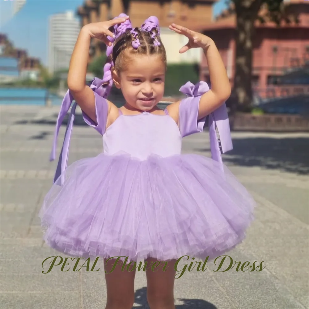 Petal Lavender A Line Flower Girl Dress Knee Length Baby Kids Birthday Dress Spaghetti Strap Pageant Dress for Girl Customized