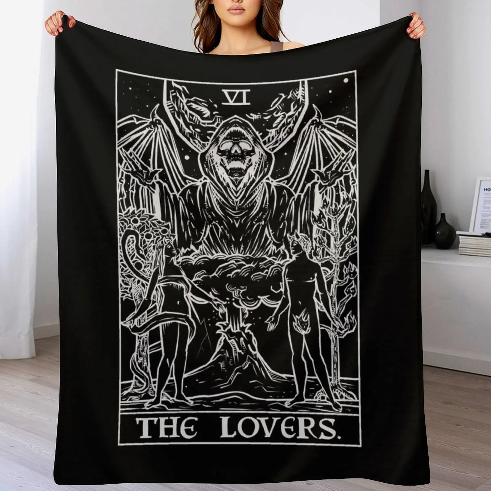 The Lovers Tarot Card (Monochrome) Throw Blanket Flannel Tourist Soft Beds Comforter Blankets