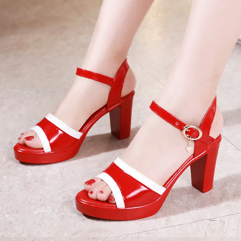 High quality summer leather sandals for women 8cm high heel new 2024 size 32 33 42 43 platform open toe elegant shoe red white