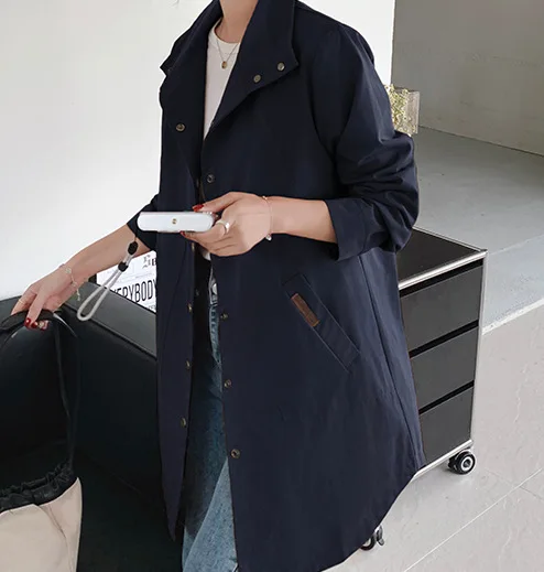 Women Clothing Stand Collar Mid Long Trench Coat Spring Autumn 2026 New Long-sleeved Casual Pocket Windbreaker Female Outerwear