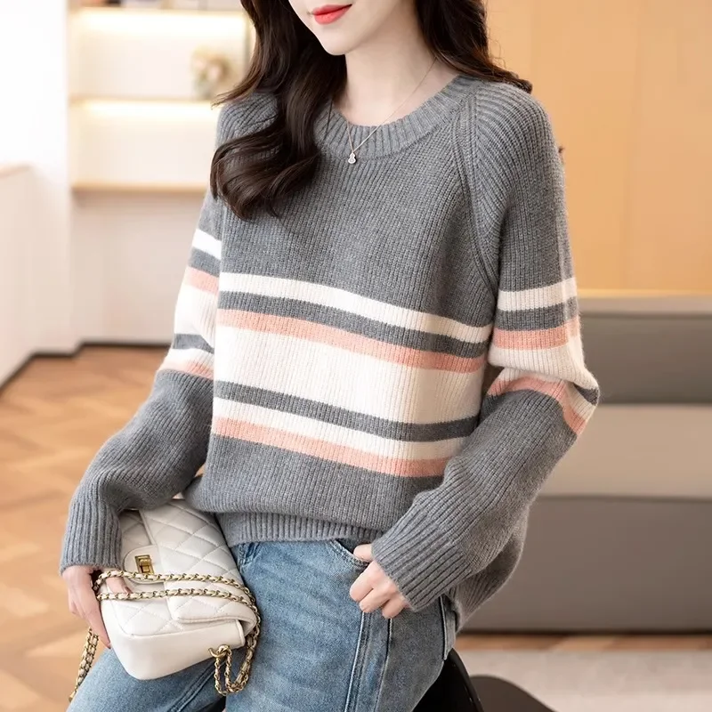 

Полосатый пуловер с круглым вырезом и цветными блоками, свитер для женщин, осень-зима, свободный вязаный топ большого размера, модная женская одежда