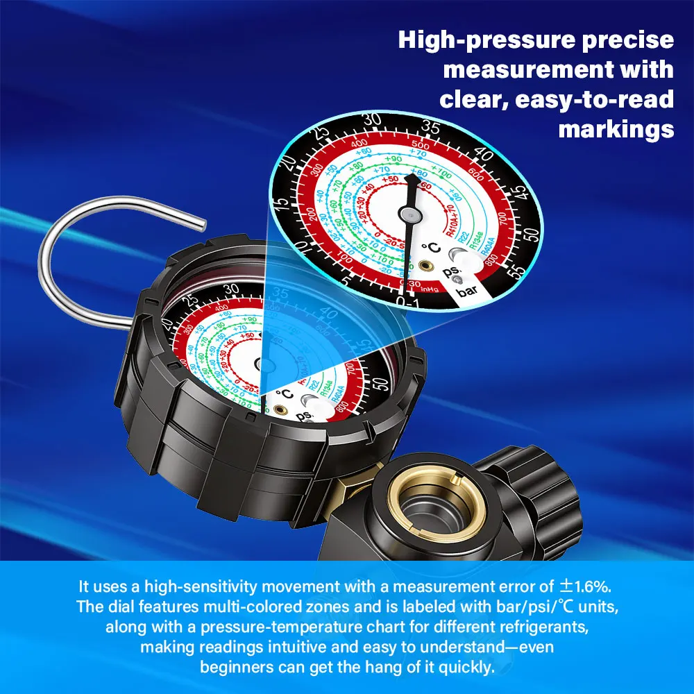 NEUES Einzel-Manometer, Klimaanlagen-Manometer mit klarer Skala, passend für Kältemittel R410A R22 R134A R404A – Detail 3