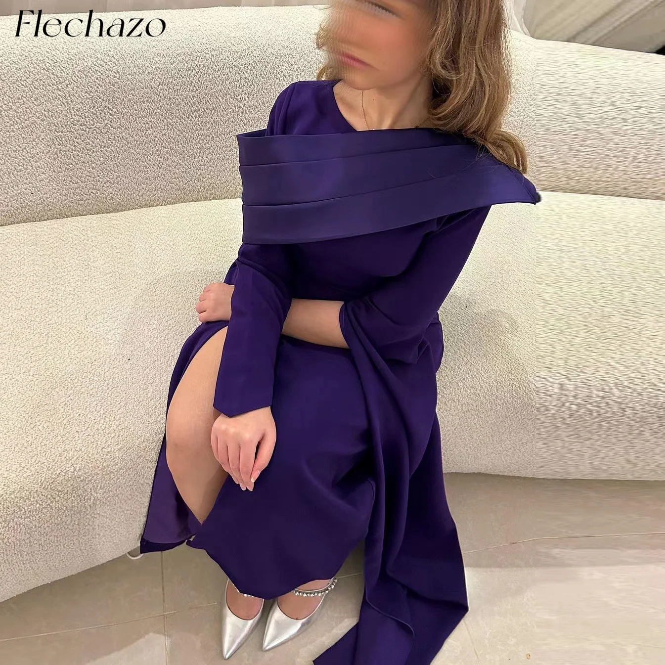 Flechazo Purple Saudi Evening Dresses O Neck Side Slit Pleated Long Sleeves Celebrity Party Dress For Women 2024 فساتين السهرة