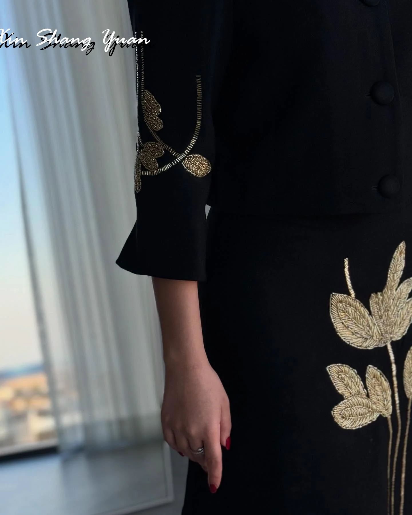 Vestido de noche personalizado, Jersey exquisito, cuello redondo, mangas 3/4, vestidos de graduación, delicados, corte en A, hasta el tobillo, botones, vestidos de fiesta