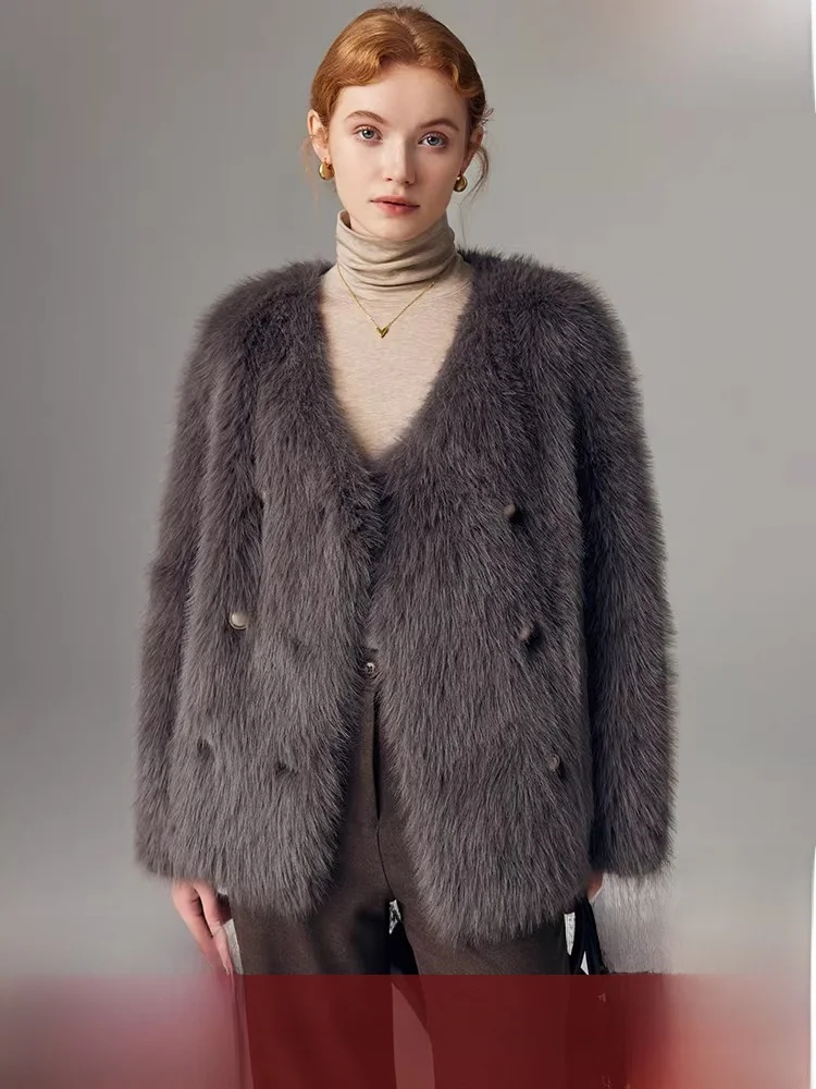 

Молодежная женская шуба с двойной пуговицей, зимняя новинка, длинная куртка с имитацией меха, V-Ne, корейская версия, верхняя одежда