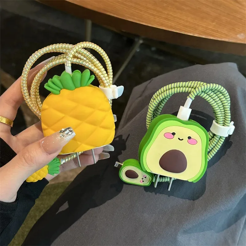 Cartoon Cute Pineapple Avocado Silicone Charger Protective Case For IPhone 11 13 15 18W-20W Fast Charge Protection Charger Cover