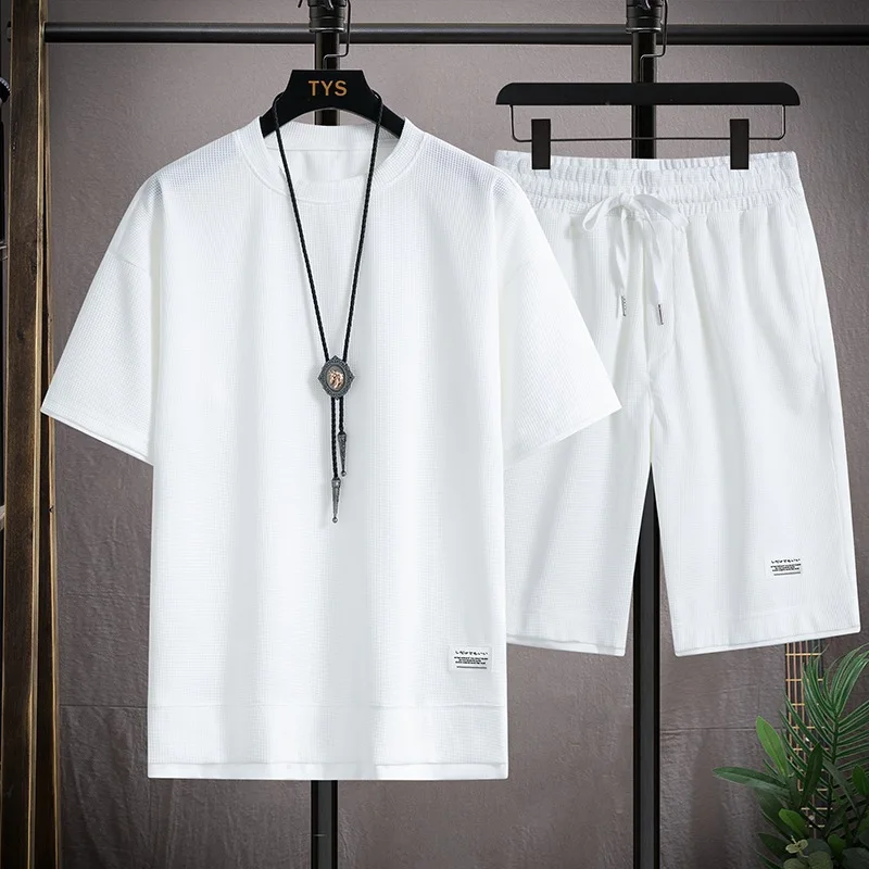 2026 Summer Men's Sports Set Casual T-Shirt + Shorts Set Waffle Solid Color Short-sleeve Shorts Two Sets Tracksuit Loose Suits