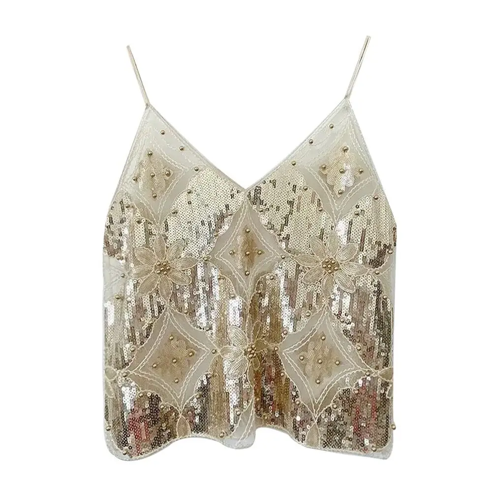 Beach Sequin Bead Summer Tank Top Bling Bling Slim Halter Bras V-neck Streetwear Vest Corset for Women