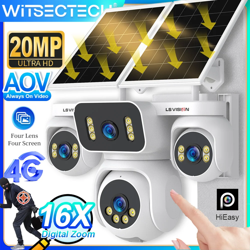 10K AOV 4G LTE Solar Camera Four Screens 24/7 AOV Recording Outdoor Security Camera 16X Digital Zoom Auto Tracking Human Motion