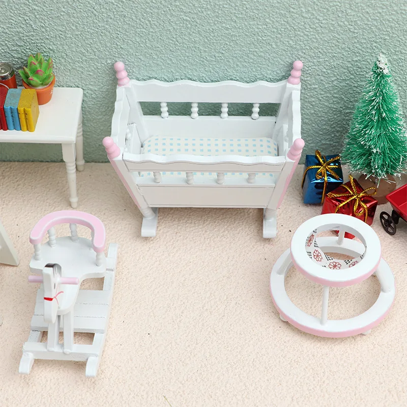3pcs/set 1/12 Scale Mini Wooden Children's Cradle  Small Wooden Horse and Gocart Baby Walker Model for 6''Body DIY