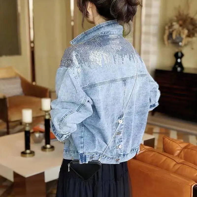 2024 Autumn Hole Jean Jacket Women Spring Short Sequin Denim Jacket Splice Female Jacket Autumn Bomber Jackets For Women Navel