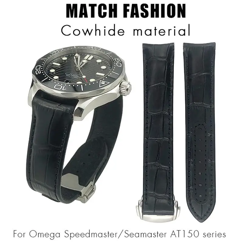 PCAVO For Omega Seamaster Diver 300 AQUA TERRA AT150 Cowhide Strap Genuine Leather Watchband 19mm 20mm 21mm 22mm Curved End