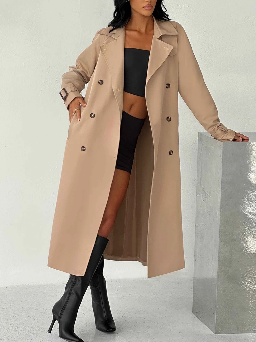 Women Casual Trench Coat Double Breasted Long Sleeve Windbreaker Jacket with Belt Streetwear Outerwear