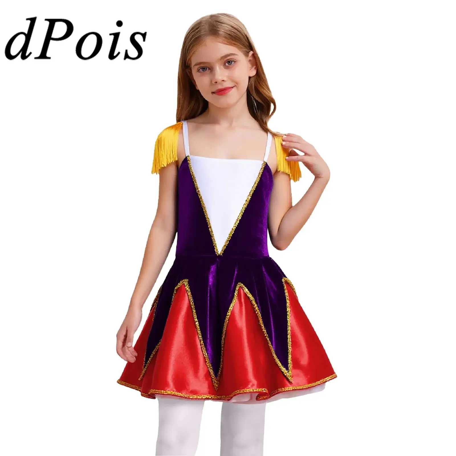 

Kids Girls Cosplay Honour Guard Costume Gold Trim Velvet Tutu Uniform Dress for Marching Drum Band Chorus Halloween Parade Show