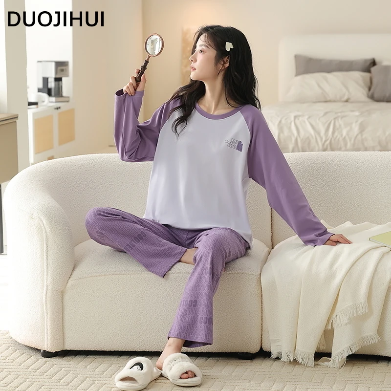 DUOJIHUI Spell Color Chic Printing Female Sleepwear Sets Simple Pullover Casual Fashion Purple Pant Autumn New Pajamas for Women