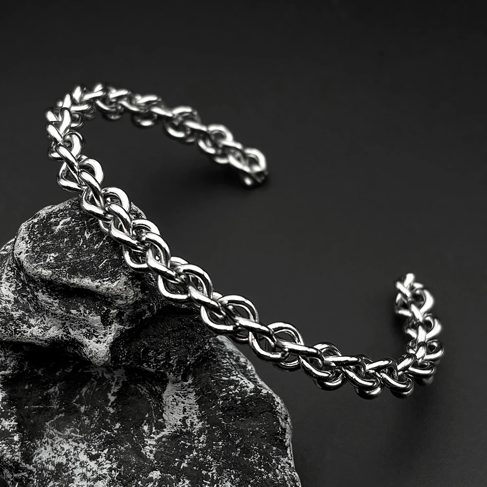 

Punk Woven Chain Open Cuff Bracelet Bangle for Women Men Stainless Steel Silver Color Vintage Wristband Hand Chain Jewelry Gift
