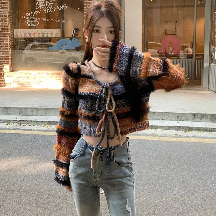 Striped Knitted Two Piece Sets Sweet Bow Lace Up Long Sleeve Cardigan Coat+ Autumn Winter New Slim Fit Bodycon Strap Dresses