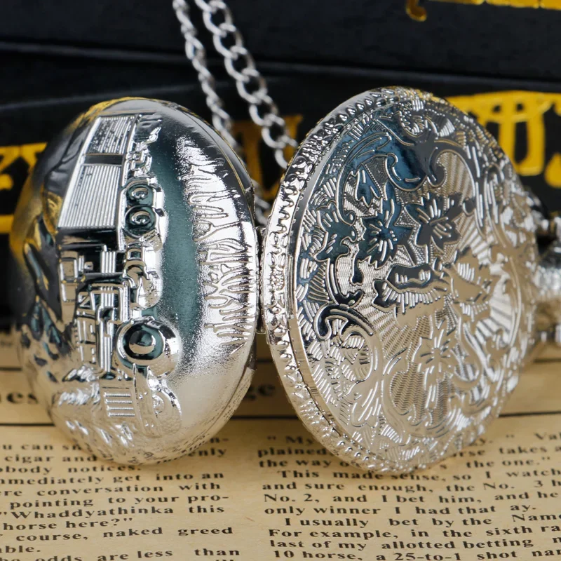 Silver Exquisite Truck Carved Quartz Pocket Watch Necklace Men Women Children Pendant Clothing Accessories