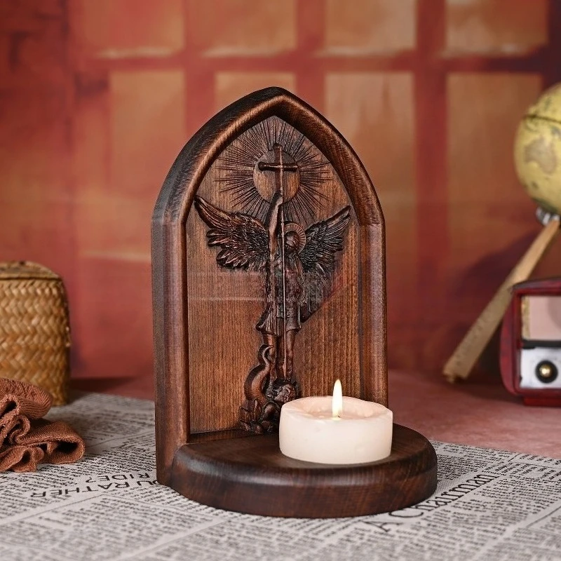 Solid Wood Carved Craft: Archangel Michael Candle Holder, Home Decor, Table Ornament