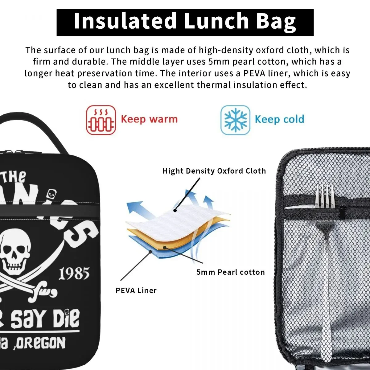 The Goonies Vintage Thermal Insulated Lunch Bags Never Say Die Skull Logo Portable Lunch Container for Outdoor Picnic Food Box