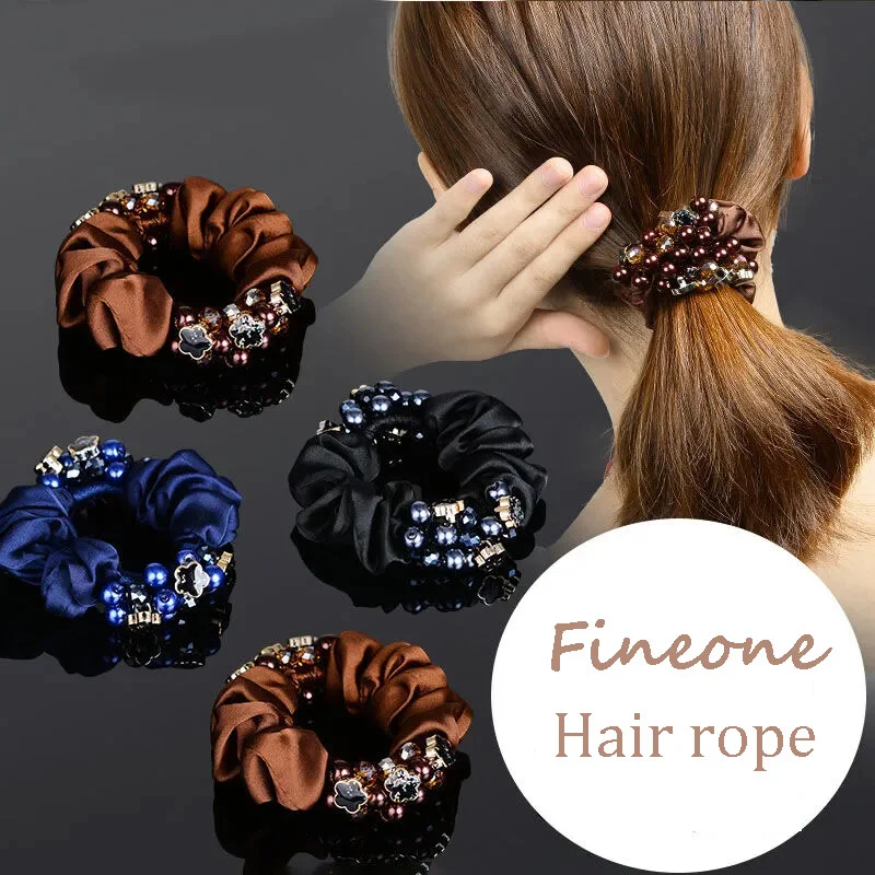 

New Crystal Fabric Large Intestine Hair Rope Flower Beaded Rubber Band Hair Band Temperament Female Fashion Hair Accessories