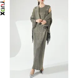 YUDX Miyake 2 Pieces Sets For Women Tassel Shawl Coat With Maxi Slim Dress Ladies Elegant Party Clothing 2024 Spring New