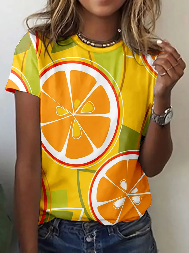 

2025 Summer Outdoor Casual Women's Short-sleeved Top 3D Orange Fruit Print Women's T-shirt Urban Street Women's Fashionable Top