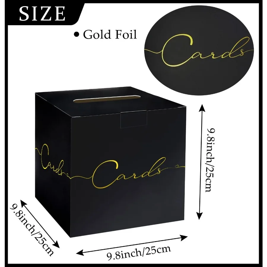 パーティー用大型カードボックス 9.8インチ x 9.8インチ ブラック ギフトカードボックスホルダー ゴールド箔デザイン 結婚式 誕生日 ベビーシャワー 退職祝い用
