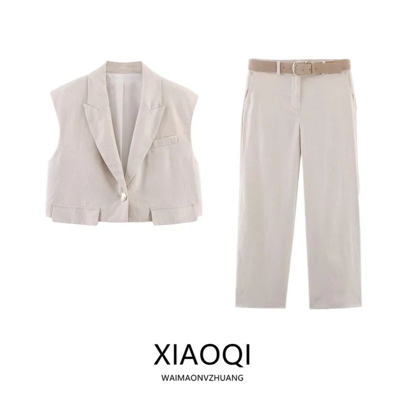 Klassische Leinenmischung, Svel-Kragenweste für Damen, Faion, Sommer 2022, Neuankömmling, zweiteiliges Set, lange Hosen, Knopfverschluss