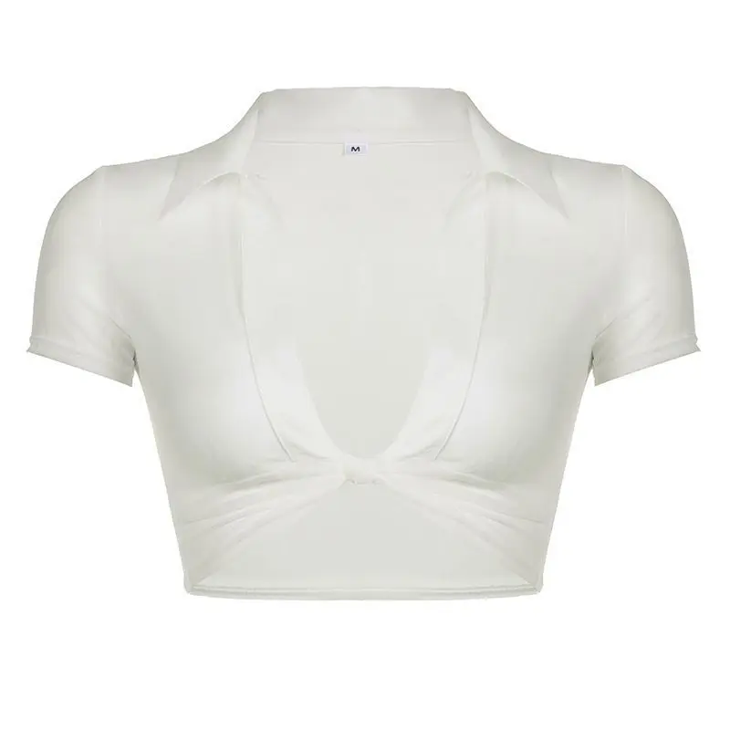 Deeptown White Transparent V Neck Women Shirts Sexy Crop Mesh Short Sleeve Korean Fashion Blouses Slim Solid Gyaru Casual Summer
