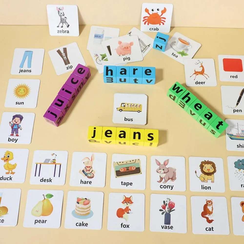 Flashcard di alfabetizzazione Carte di apprendimento per bambini in legno Blocco di ortografia di lettere Parole inglesi Gioco di puzzle di carte Gioco di ortografia dell'alfabeto