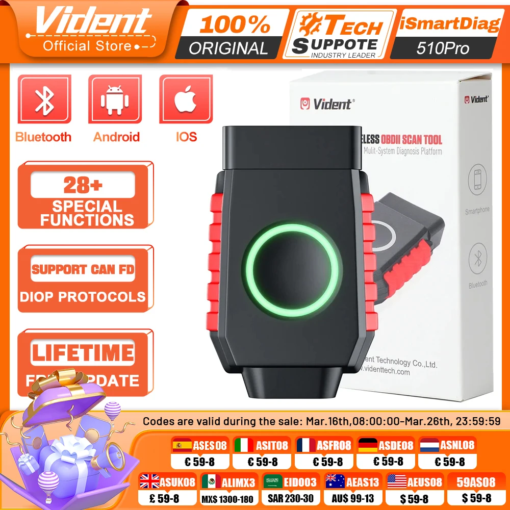 VIDENT iSmartDiag510 510Pro OBD2 Scanner Car Diagnostic Tool Active Test CANFD&DIOP 28+ Reset Code Reader Lifetime Free Update