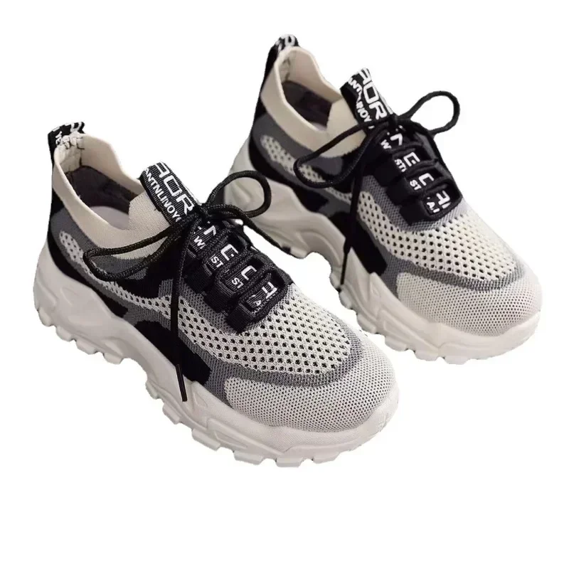 2024 New Fly Woven Mesh Casual Breathable Sneakers Korean Style Thick-Soled Daddy Shoes Mesh Red Shoes Light Running Shoes