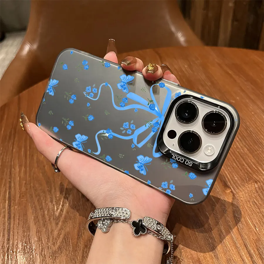 青い花柄のリボン付きiPhone 17～11 Pro Max Plus用スマホケース